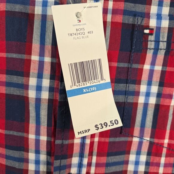 Tommy Hilfiger Button Down Shirt Long Roll Tab Sleeve Boys Size XL 20 Plaid NWT - Picture 5 of 8